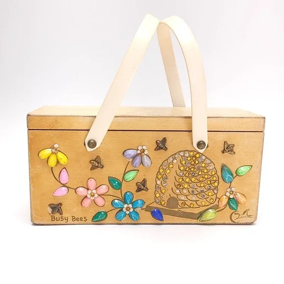Enid Collins Of Texas 1960's Wood Box Purse "Busy‎ Bees" Boho Vintage Handbag - Picture 2 of 13